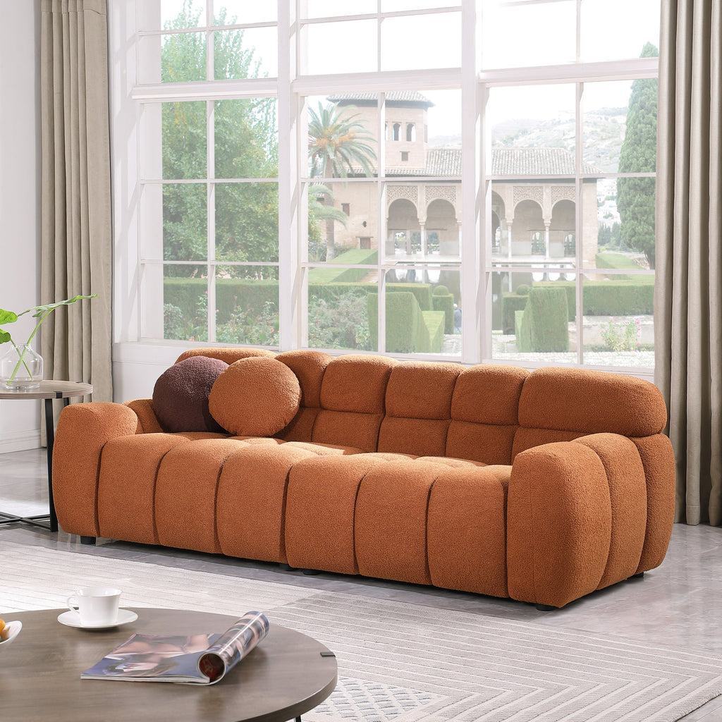 87.4 length ,35.83' deepth ,human body structure for USA people,  marshmallow sofa,boucle sofa ,3 seater, LIGHT BROWN   BOUCLE