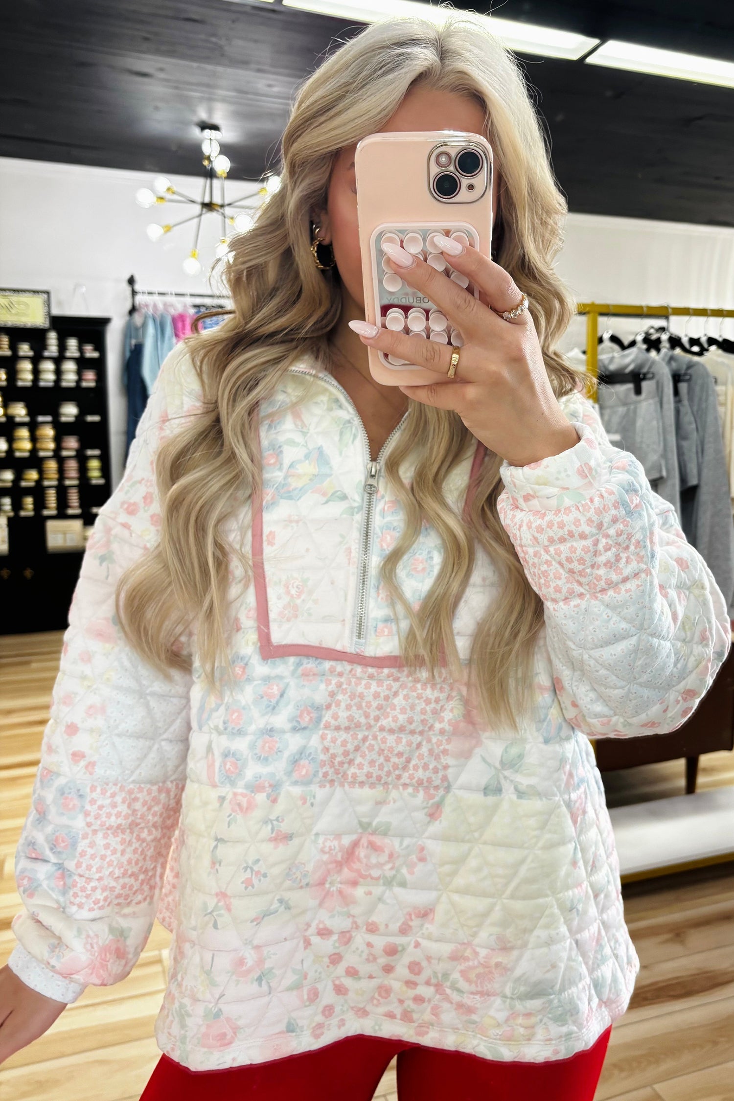 Floral Quilted Metal Zipper Collar Long Sleeve Sweatshirt