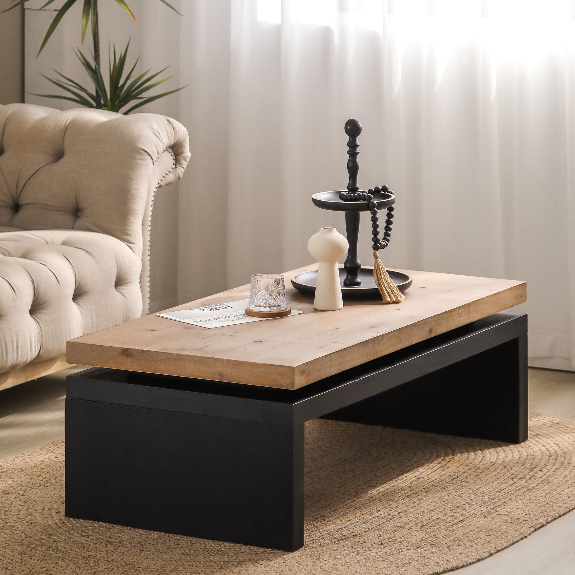 Modern Industrial Coffee Table – Two-Tone Wood Center Table with Floating Top Design 47.6' L * 23.6' W * 16.3' H