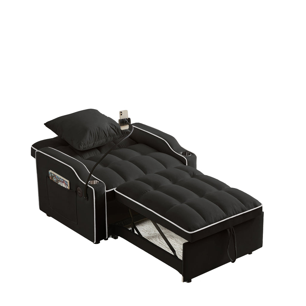 Convertible 3-in-1 Sofa Bed with Multi-Pockets and Adjustable Sleeper in Black Velvet