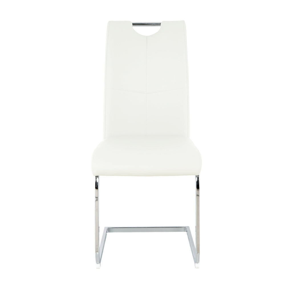 Modern style glass dining table, elegant transparent design, sturdy stainless steel base, white dining chairs set, electroplated chair legs, suitable for dining room and kitchen (set of 7)