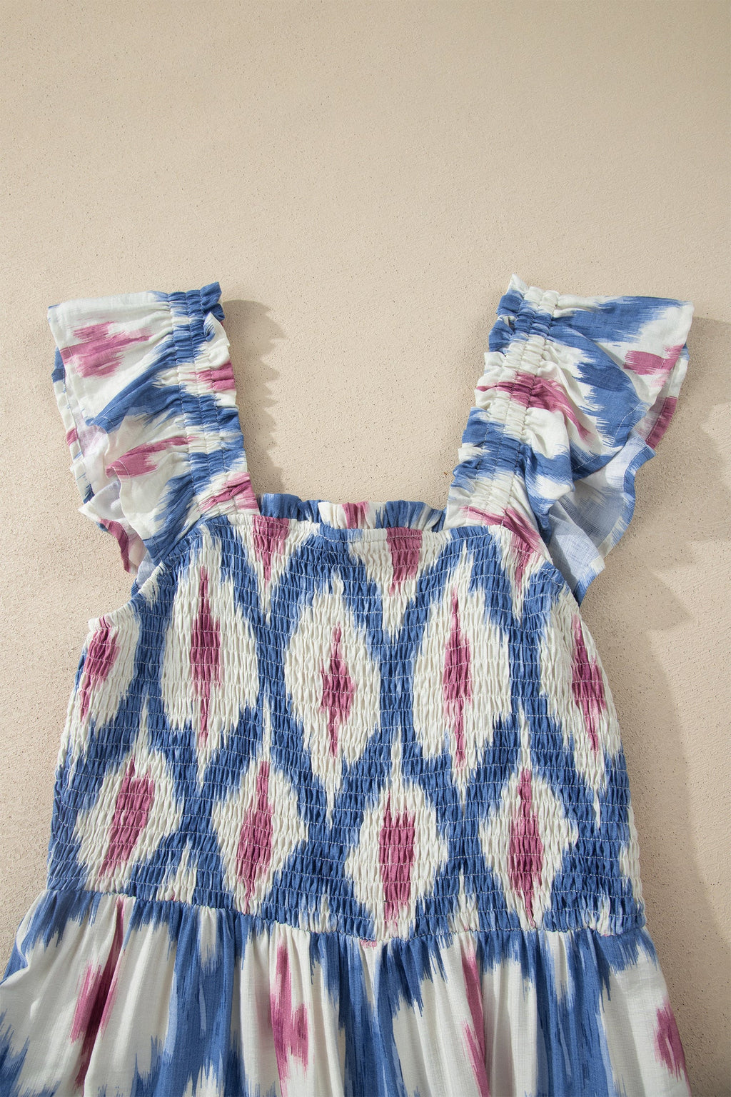 Boho Geometric Smocked Square Neck Ruffle Dress