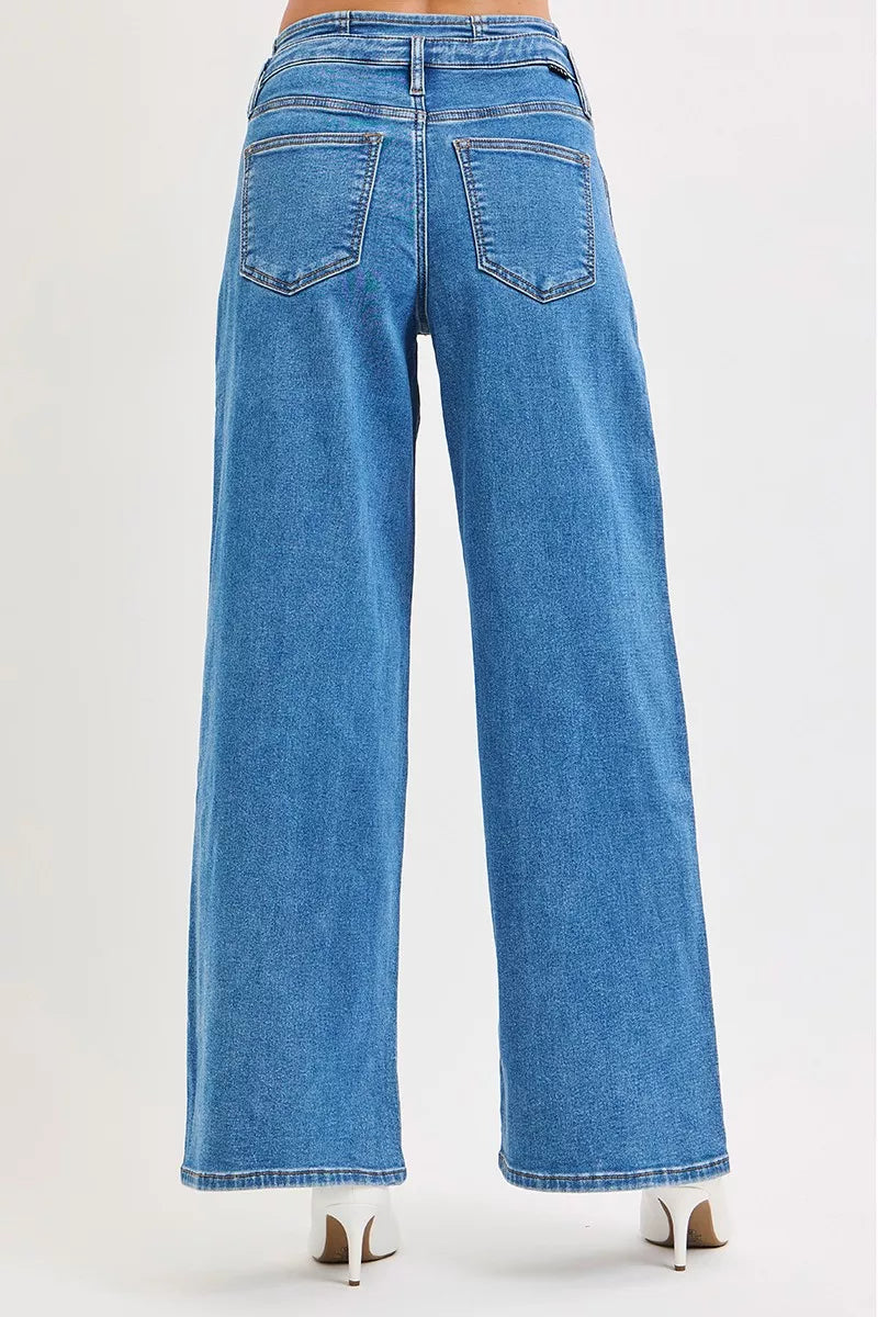 RISEN Plus Size Mid Rise Wide Leg Jeans With Pleated Detail For Flattering All Day Comfort Full Size