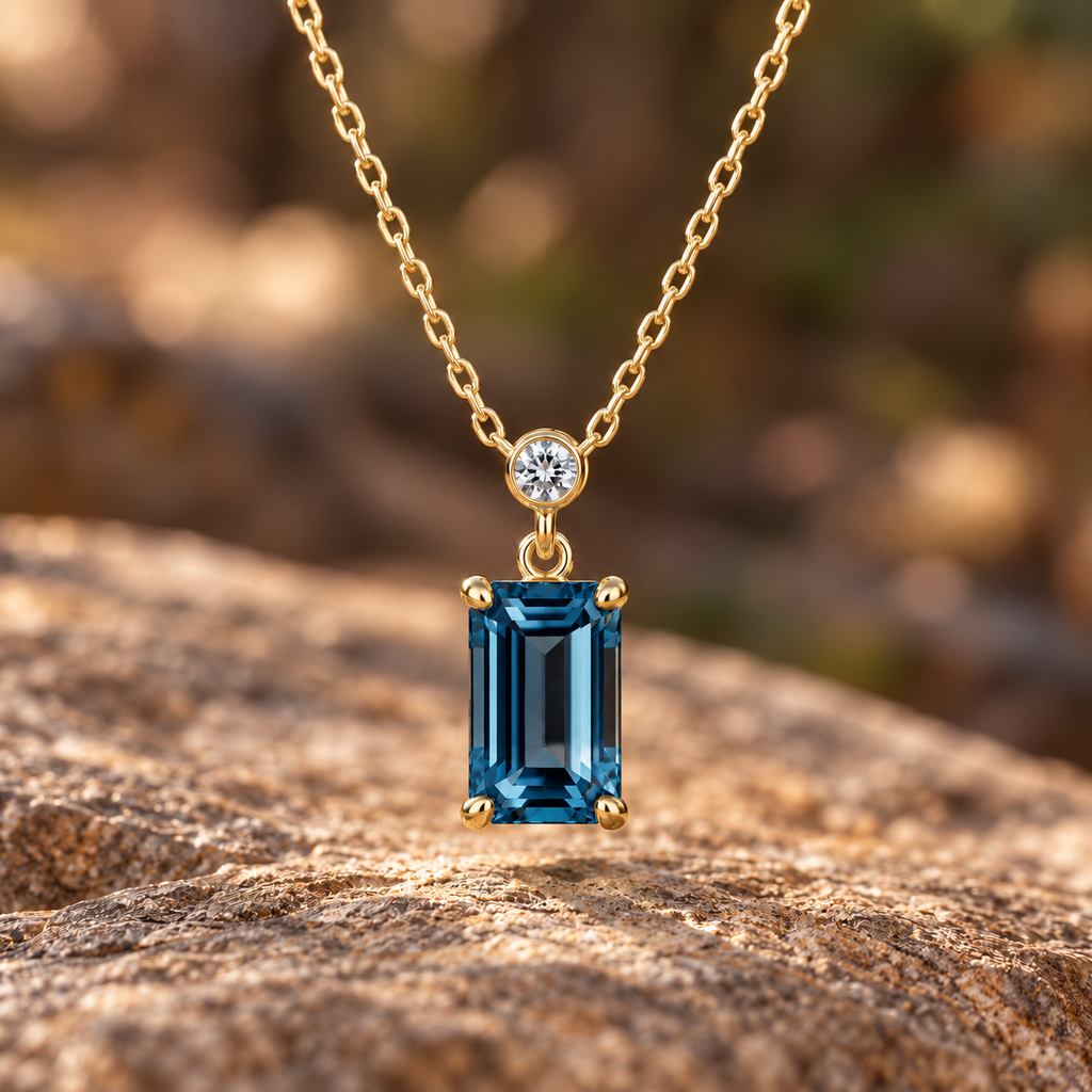 Aqua Drop proposed London blue topaz and 14K yellow gold option, AI-generated design concept. Separate white round accent connector; exact components, sourcing and manufacture pending quote. Alternative configuration price unconfirmed.