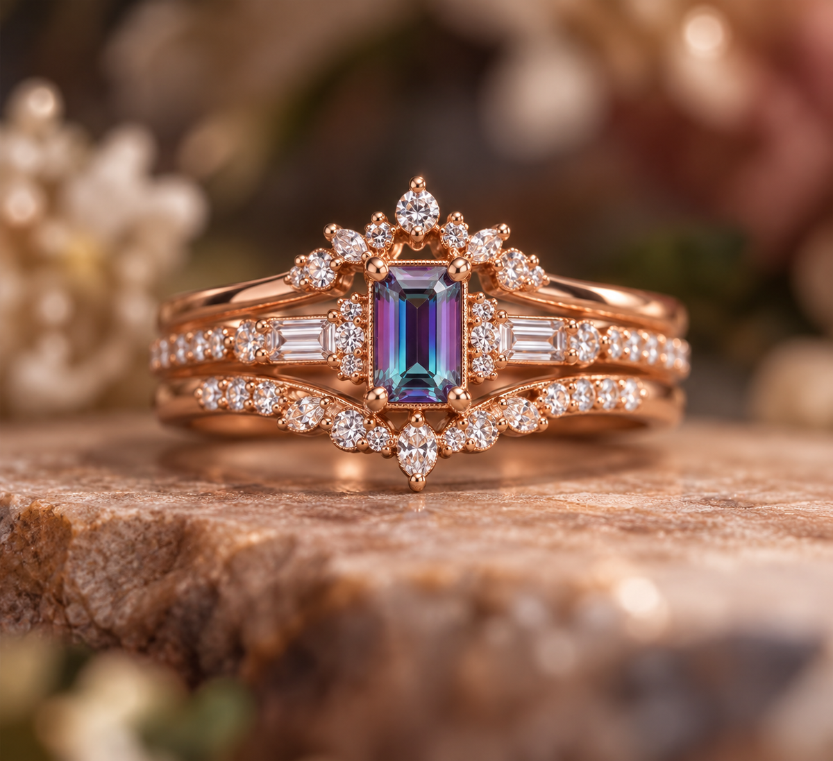 ELB Exclusive Aurora Baguette Stackable Custom Ring AI concept mockup