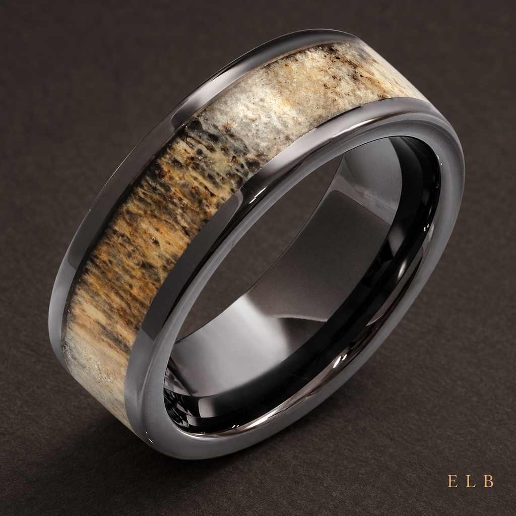 ELB Black Ceramic Antler Wood Inlay Wedding Band — 6 mm — ELB editorial styling