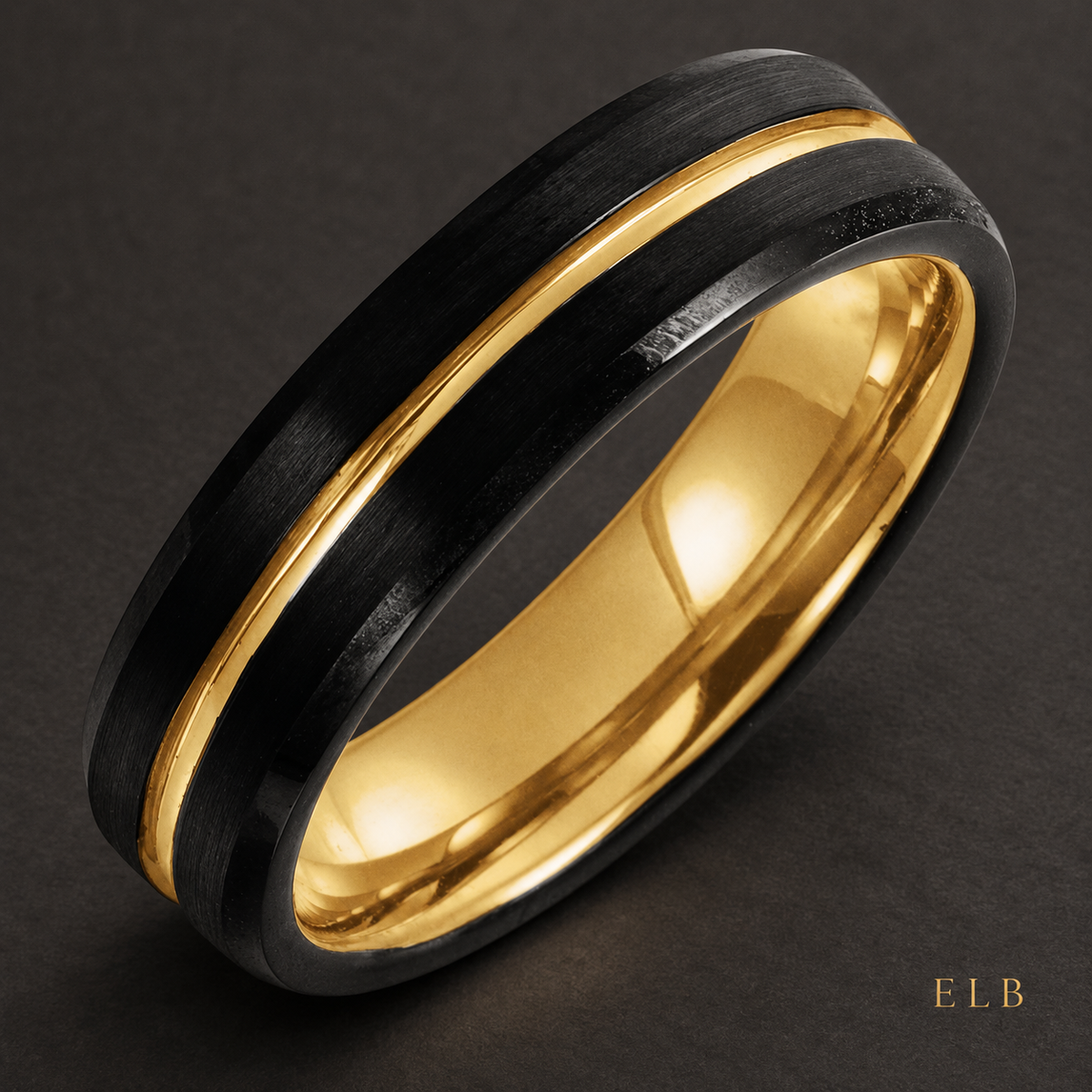 ELB Black & Gold Tungsten Wedding Band — 6 mm — ELB editorial styling