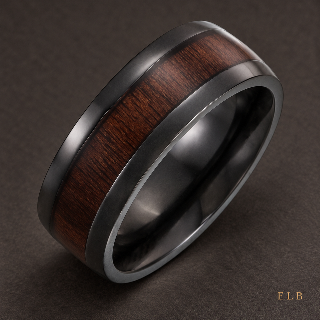 ELB Black Titanium Ebony Wood Wedding Band — 8 mm — ELB editorial styling