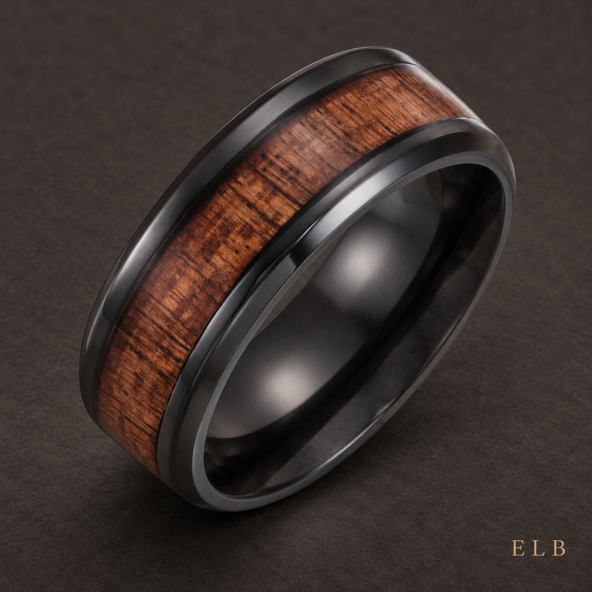 ELB Black Titanium Koa Wood Wedding Band — 8 mm — ELB editorial styling