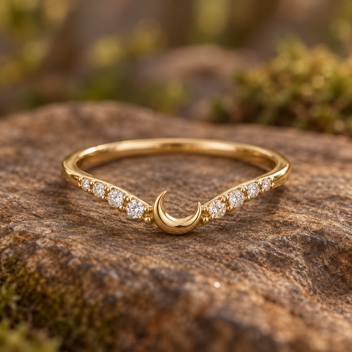 ELB Crescent Moon Contour Band concept in yellow gold with white accents. AI-generated visualization; Custom Order | Market Pending; sourcing, construction and price unconfirmed.