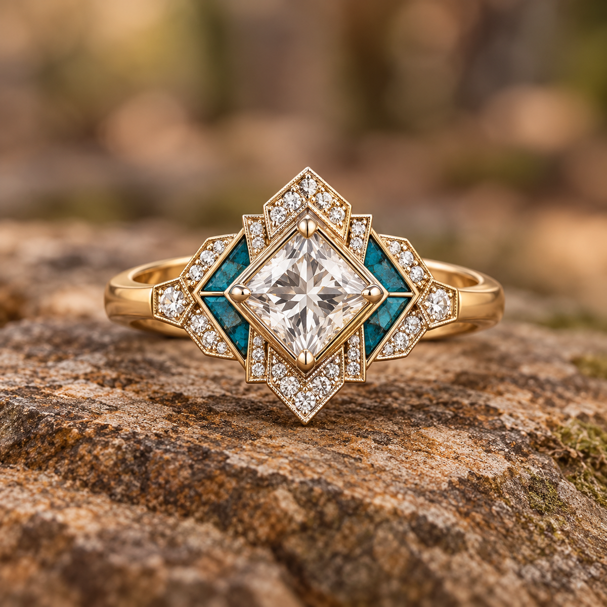 ELB deco sky custom ring design concept. AI-generated visualization; metal and stone selections, market pricing, substitutions and manufacture require a quote and customer approval.