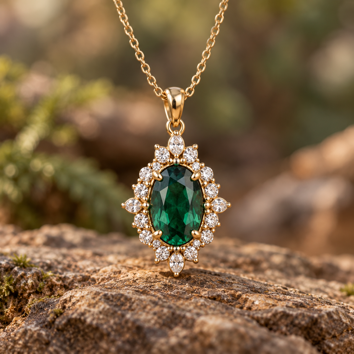 ELB Emerald Heirloom vintage pendant concept, oval green center and white halo accents in gold. AI-generated; metal and stone selections, market pricing, substitutions and production require quote and customer approval.