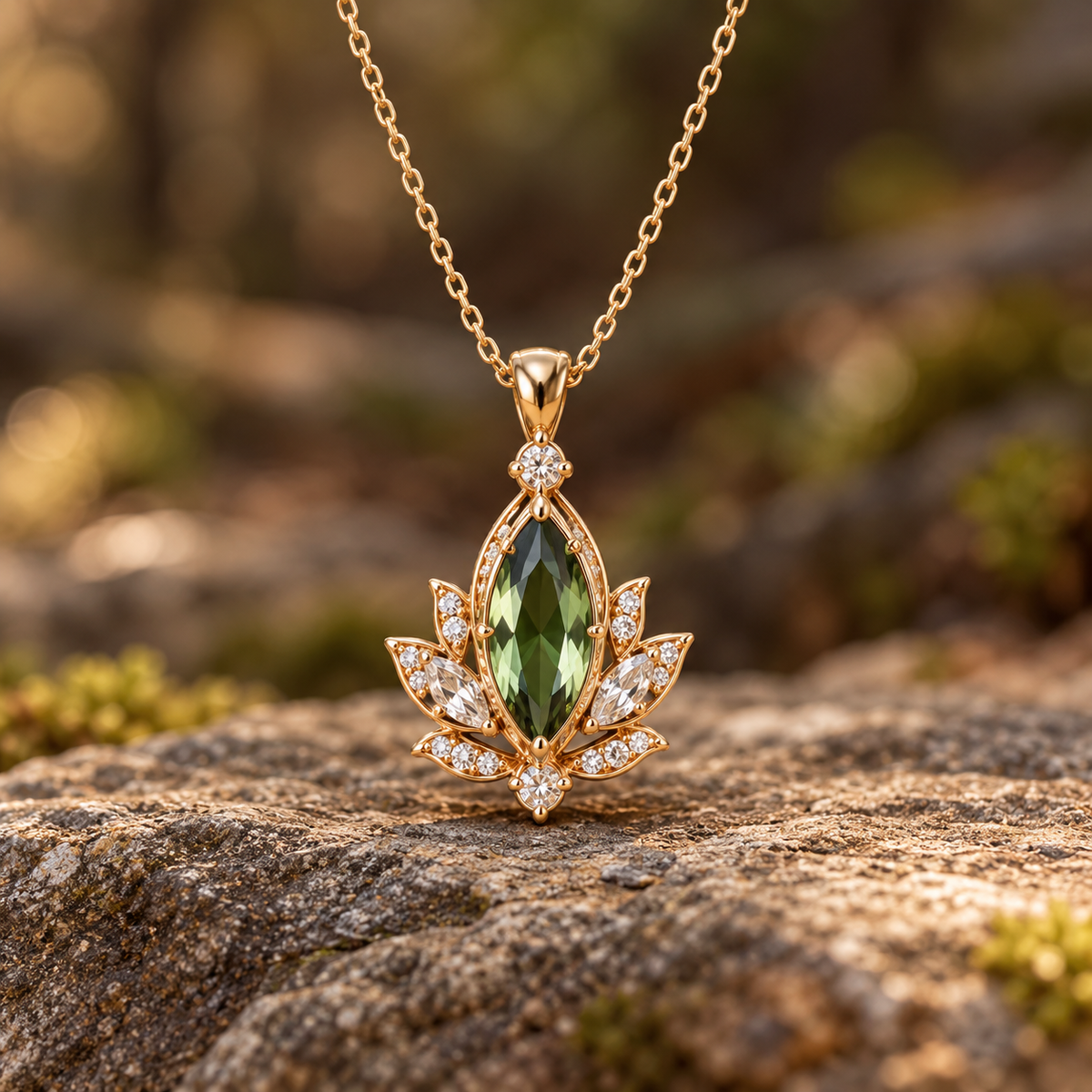 ELB Emerald Leaf necklace concept with marquise green center and white accents in gold. AI-generated; stone identity, construction, sourcing and price unconfirmed; quote and approval required.
