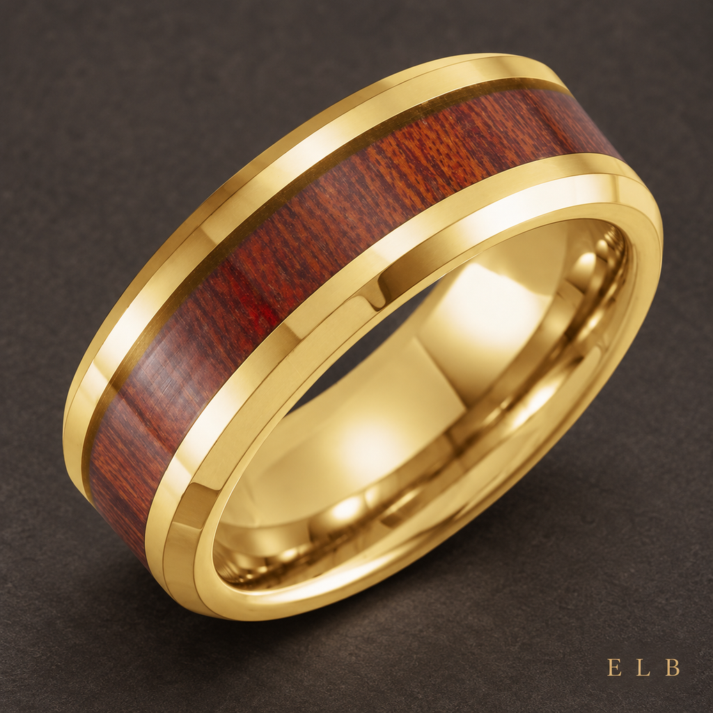 ELB Gold PVD Tungsten Walnut Wood Wedding Band — 8 mm — ELB editorial styling