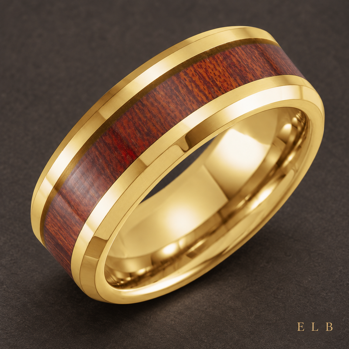 ELB Gold PVD Tungsten Walnut Wood Wedding Band — 8 mm — ELB editorial styling