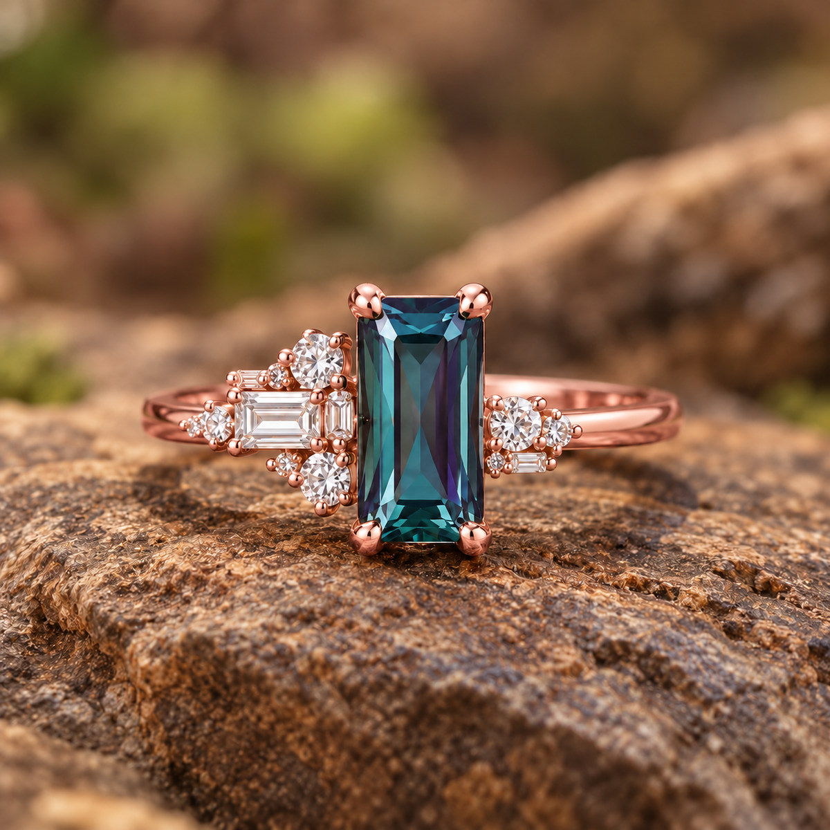 Modern Mix proposed alexandrite and rose gold variation, AI-generated concept; actual alexandrite appearance and color change vary, exact preset compatibility, sourcing, origin and price require quote.