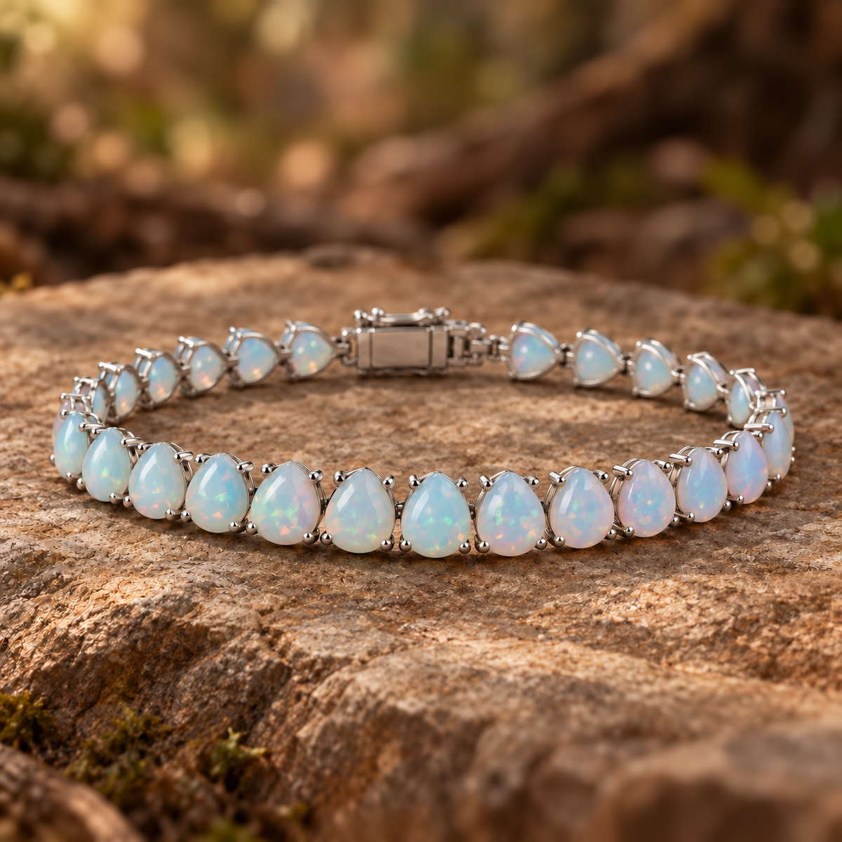 ELB Opal Dream bracelet concept with pear-shaped opal cabochons and silver-toned links. AI-generated; opal type, play of color, construction and price unconfirmed; quote and approval required.