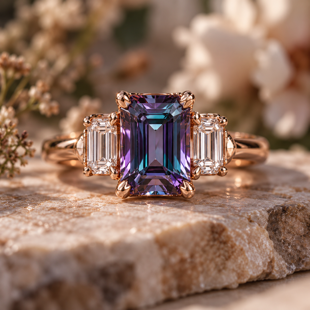 ELB Exclusive Ophelia Emerald Three-Stone Custom Ring AI concept mockup