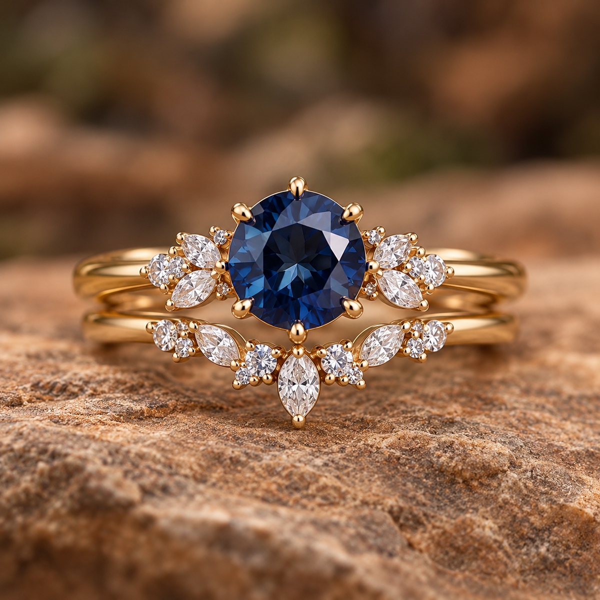 ELB sapphire blossom design concept. AI-generated visualization; catalog component route identified, exact custom assembly and sourcing require Stuller review; price is an ELB estimate subject to quote and approval.