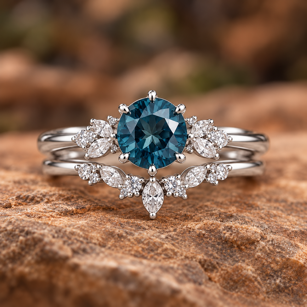 Proposed Sapphire Blossom oval teal sapphire and white gold bridal set, AI-generated design concept; marquise and round white accents, fitted band. Final source, fit, construction and alternative price pending quote.