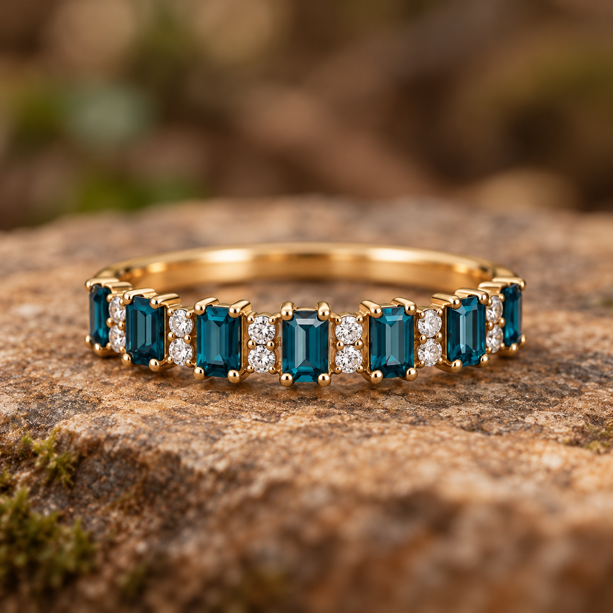 ELB Teal Horizon band concept, rectangular blue-green stones alternating with white round accents in gold. AI-generated; material identity, specifications, price and production unconfirmed; quote and approval required.