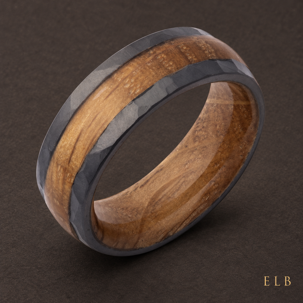 ELB Zirconium Whiskey Barrel Wood Wedding Band — 8 mm — ELB editorial styling