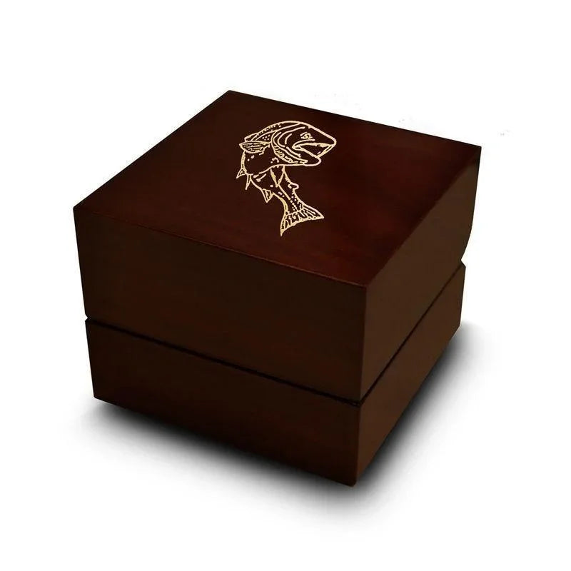 Trout Fish Sea Jumping Print Engraved Chocolate Dark Wood Personalized Wooden Wedding Ring Box