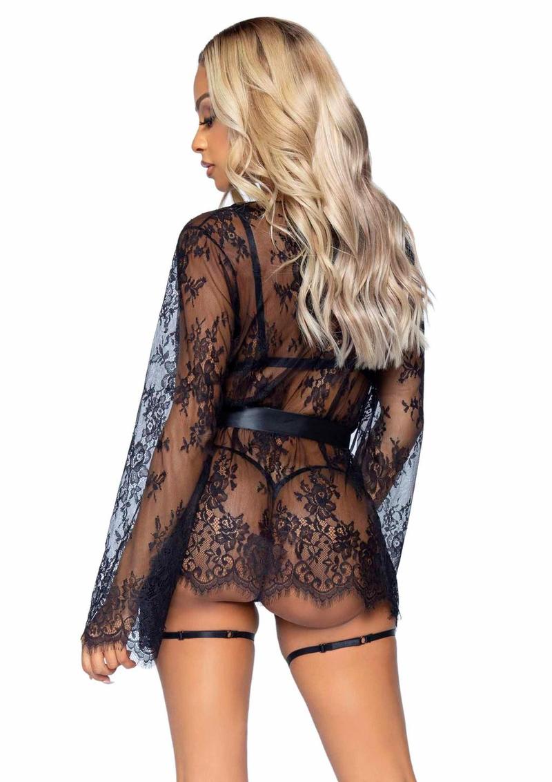 Eyelash Lace Garter Teddy with G-String Back and Adjustable Straps, Lace Robe and Ribbon Tie