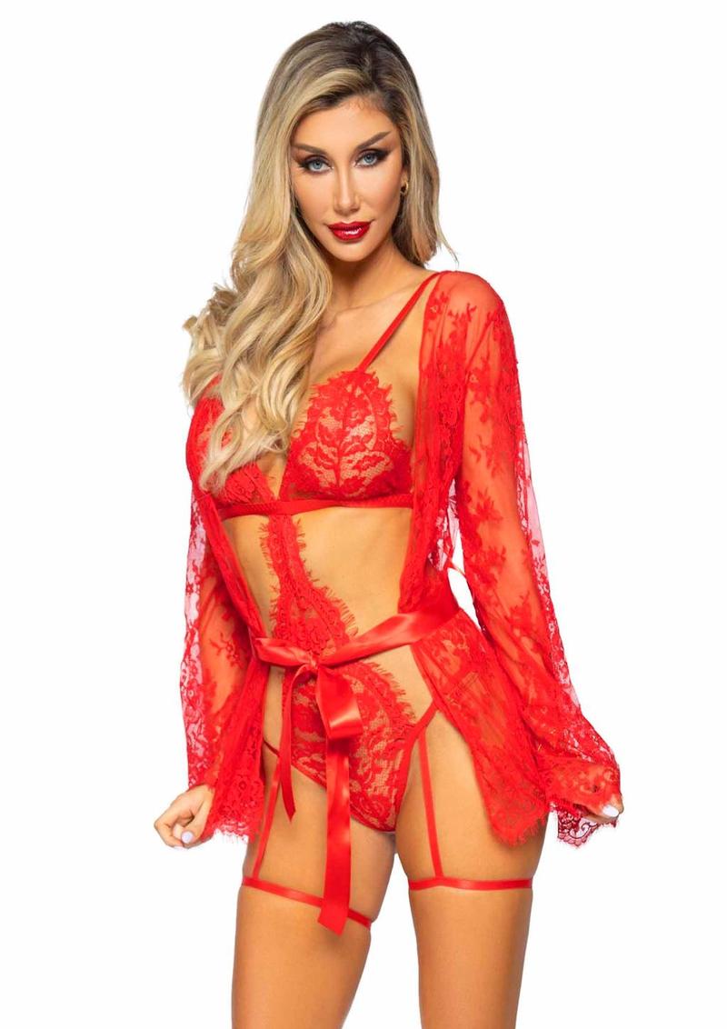 Eyelash Lace Garter Teddy with G-String Back and Adjustable Straps, Lace Robe and Ribbon Tie