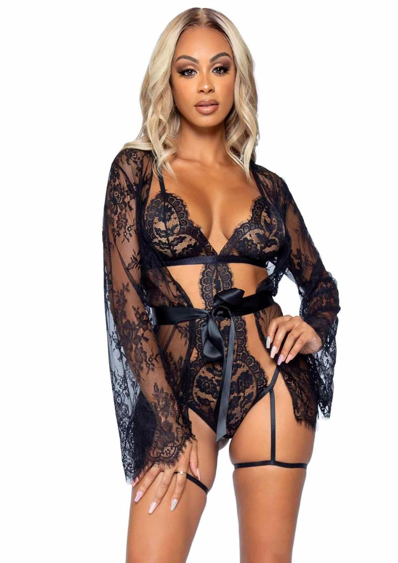 Eyelash Lace Garter Teddy with G-String Back and Adjustable Straps, Lace Robe and Ribbon Tie