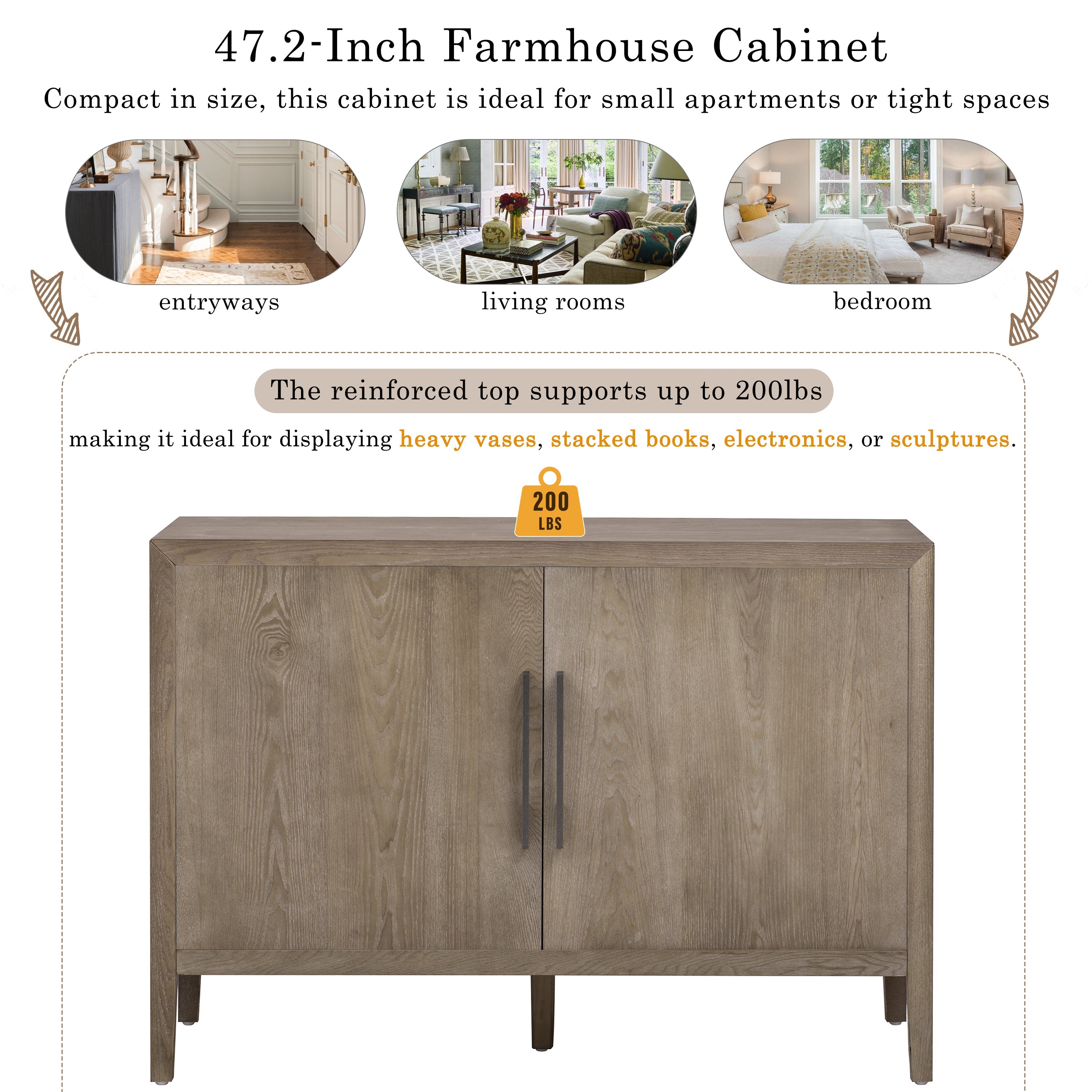 U_STYLE 47.2-Inch Farmhouse Sideboard with Ash Veneer and 2 Doors, Retro Buffet with 3-Tier Shelves and Adjustable Feet, Minimalist Wooden Storage Cabinet with Iron Handles for Living Room, Kitchen