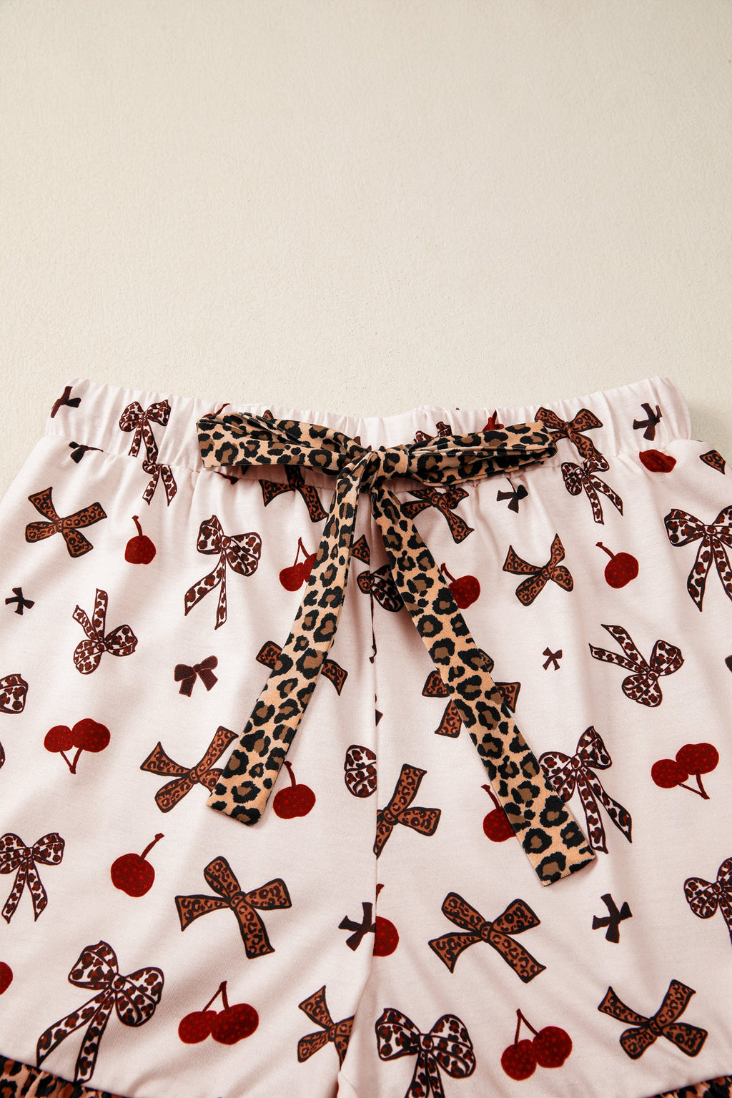 Leopard Cherry Bow Patchwork Shirt & Shorts Pajama Set