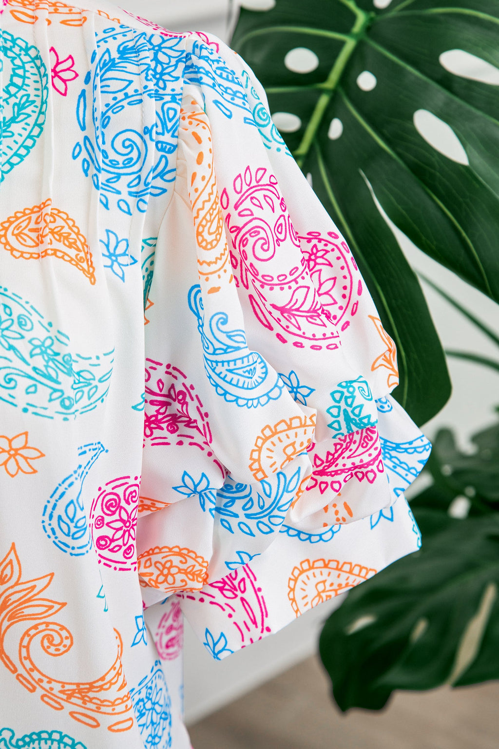 Paisley Button Keyhole Puff Sleeve Blouse