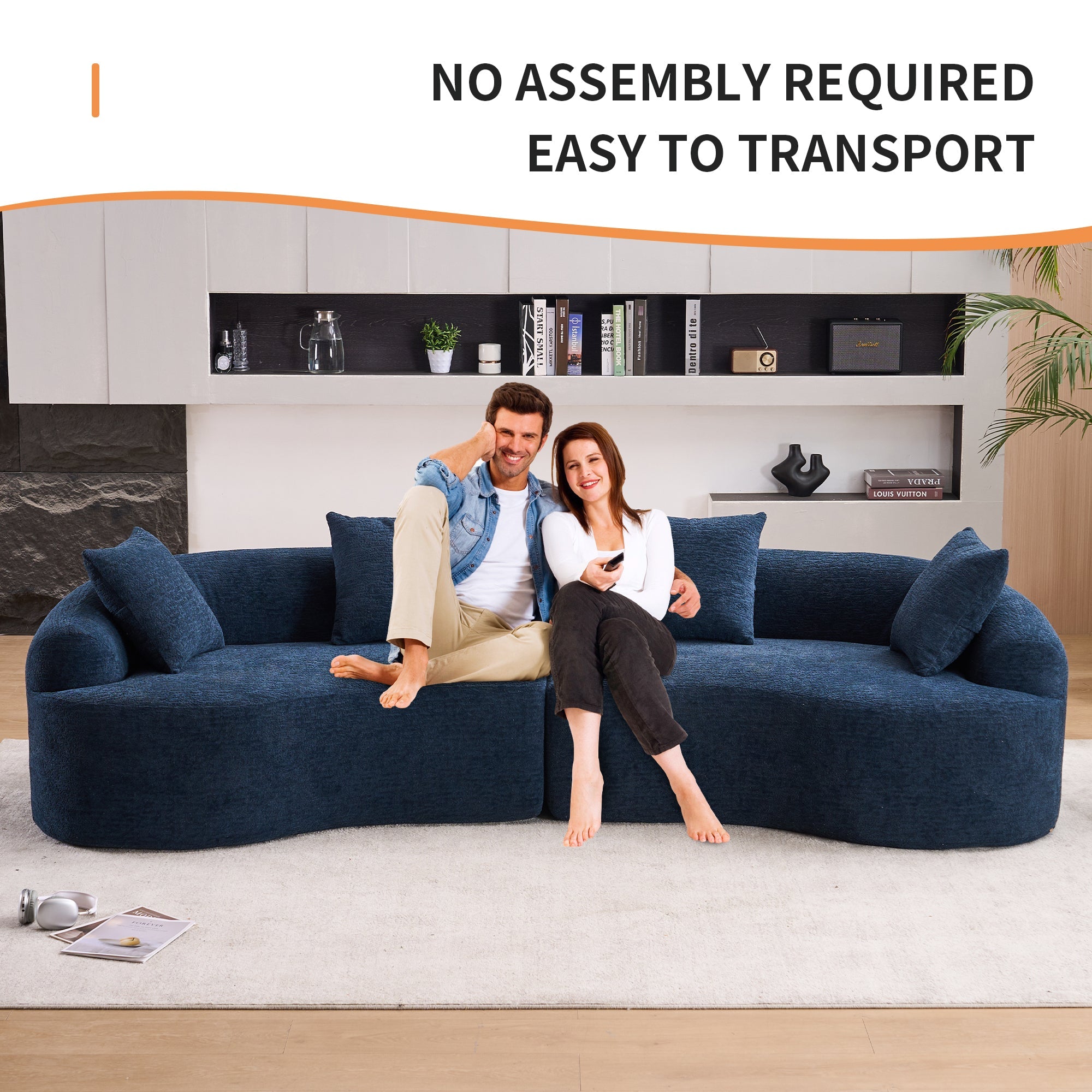 Compression Sponge Sofa Blue Curved Modular Sectional, 30D High-Density Chenille Sleeper Couch for Apartment, Living Room,110'L