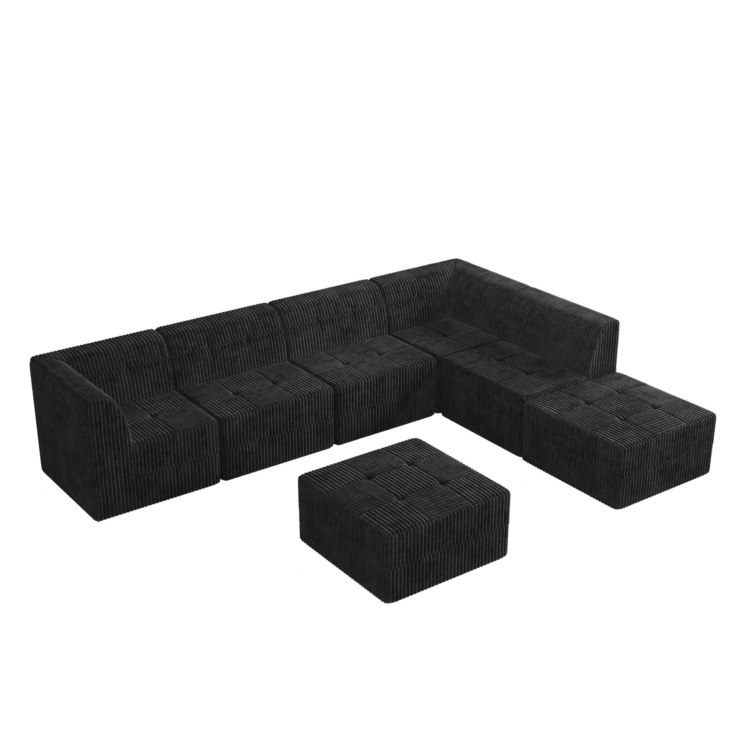 L shape Modular Sectional Sofa,DIY Compressed Sectional Sofa Modern Minimalist Style Corduroy Couch, Sleeper Sofa for Living Room, Bedroom, Comfy Compressed Sofa Couch Space-Efficient Design-black