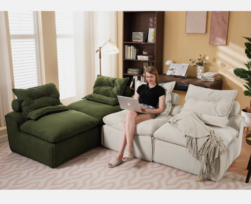 [NEW ARRIVED] [VIDEO PROVIDED]Modular Sofa,No Armrests,At will DIY,Corduroy ,Neck Pillow-Back Lounge Sofa Chair,Reading Nook, or Apartment Living, Lumbar Pillow,4 Seats,Upholstered,Beige,Green