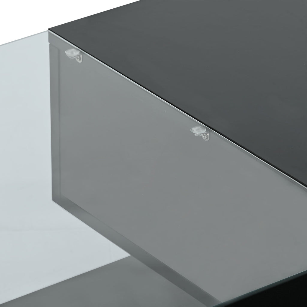 [VIDEO provided] ON-TREND Modern Coffee Table with Tempered Glass, Wooden Cocktail Table with High-gloss UV Surface, Modernist 2-Tier Rectangle Center Table for Living Room, Black