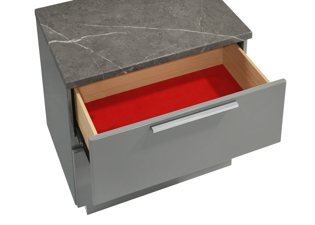 Elara Queen 5-Piece Set – Two-Tone High-Gloss Marble & Lacquer Finish with LED Lighting, Metal-Finished Legs, Spacious Storage- Gray (NJ Inventory)