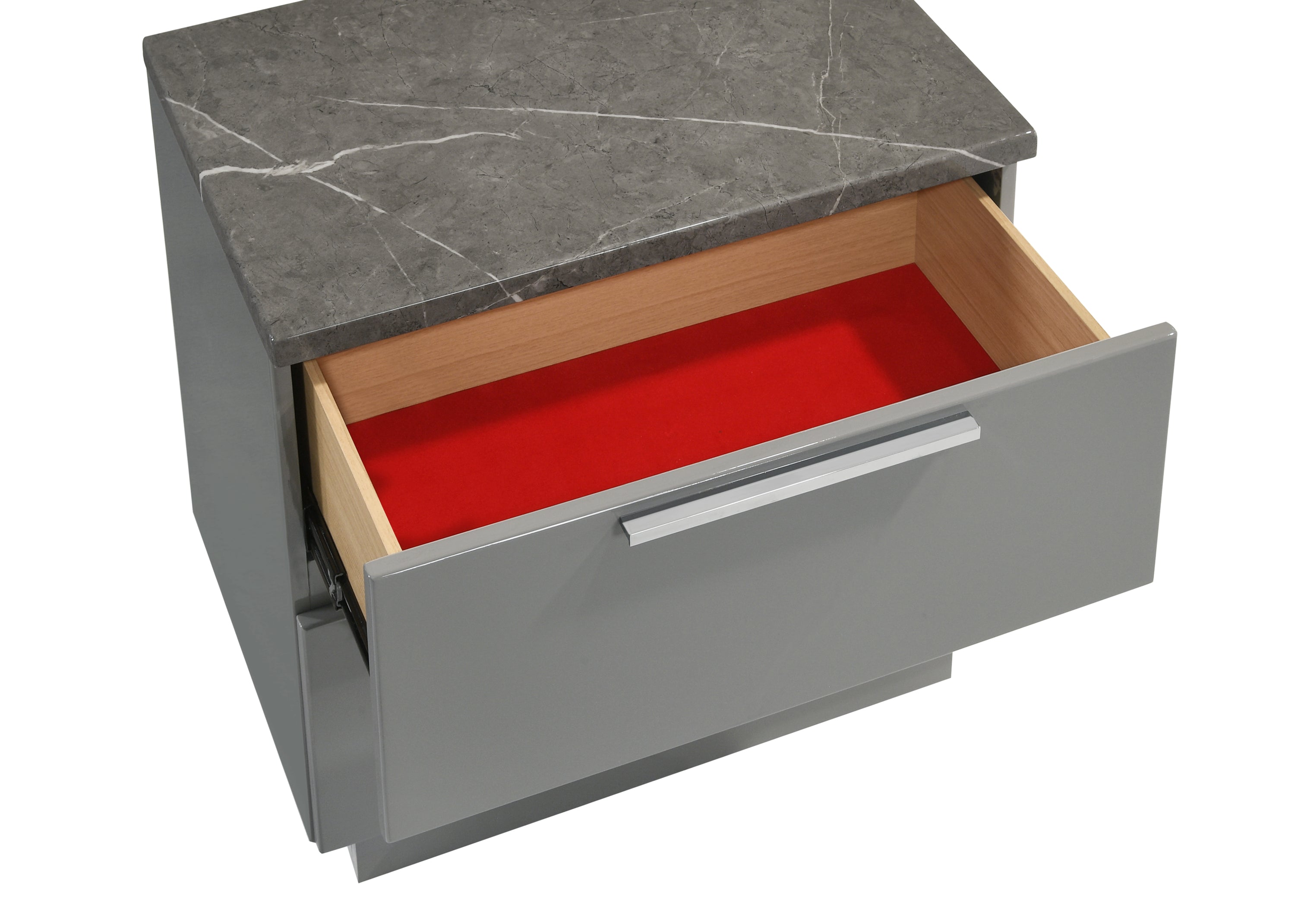 Elara Queen 5-Piece Set – Two-Tone High-Gloss Marble & Lacquer Finish with LED Lighting, Metal-Finished Legs, Spacious Storage- Gray (NJ Inventory)