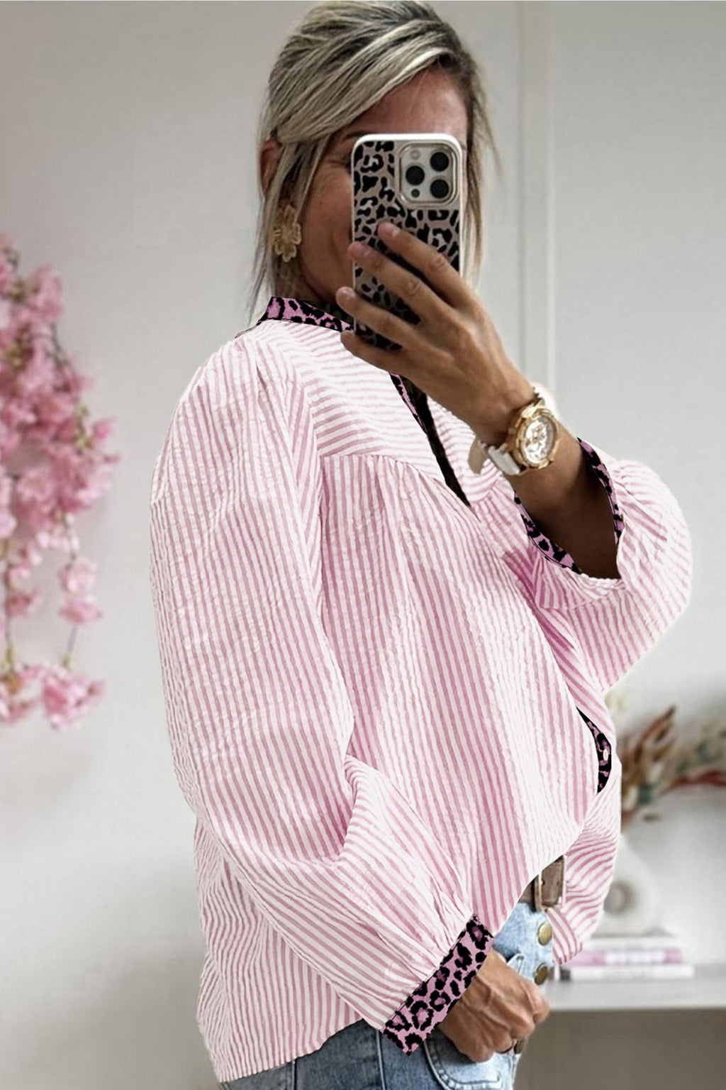 Stripe Leopard Patchwork Long Sleeve Shirt