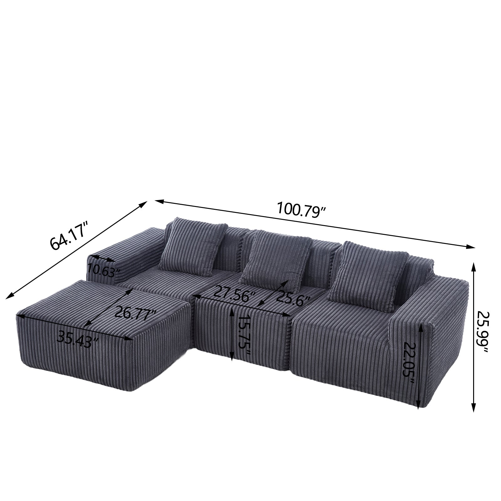 Modern Minimalist Modular Sectional Sofa with Deep Seats, Dark Gray Upholstered L-Shape Cloud Couch, Right Facing Chaise