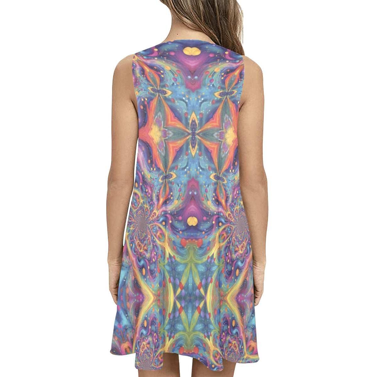 Colorful Psychedelic Sleeveless A-line Short Dress with Pockets