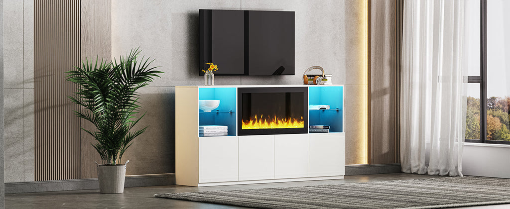ON-TREND High Gloss TV Stand with 34.2' Non-heating Electric Fireplace, Modern Entertainment Center with LED Light, Media Console with Tempered Glass Shelves for TVs up to 75', Living Room, White