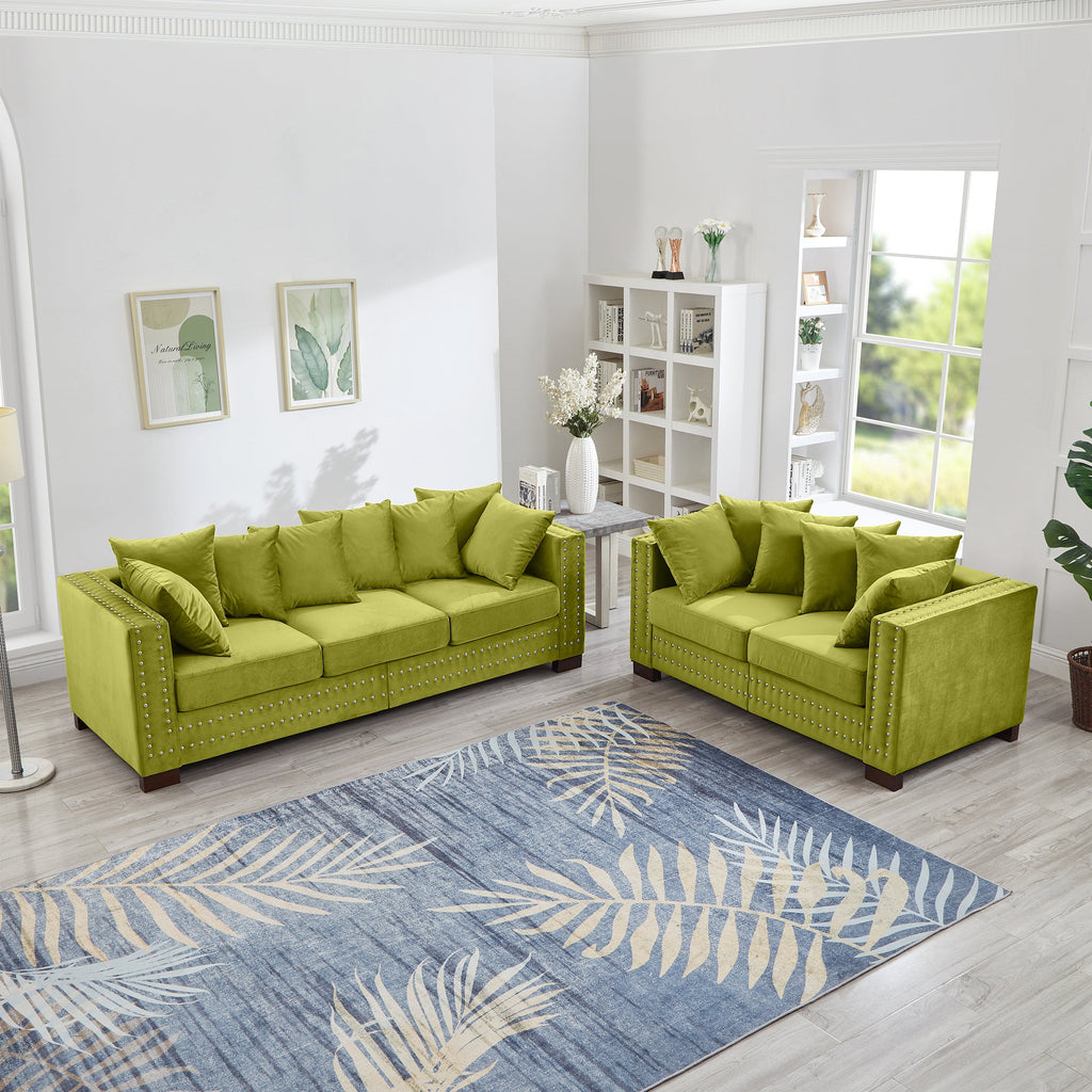 Modern Design Living Room Sofa 2+3 Seater Square armrest with Silver Nails Decoration Upholstered Velvet Couch Green