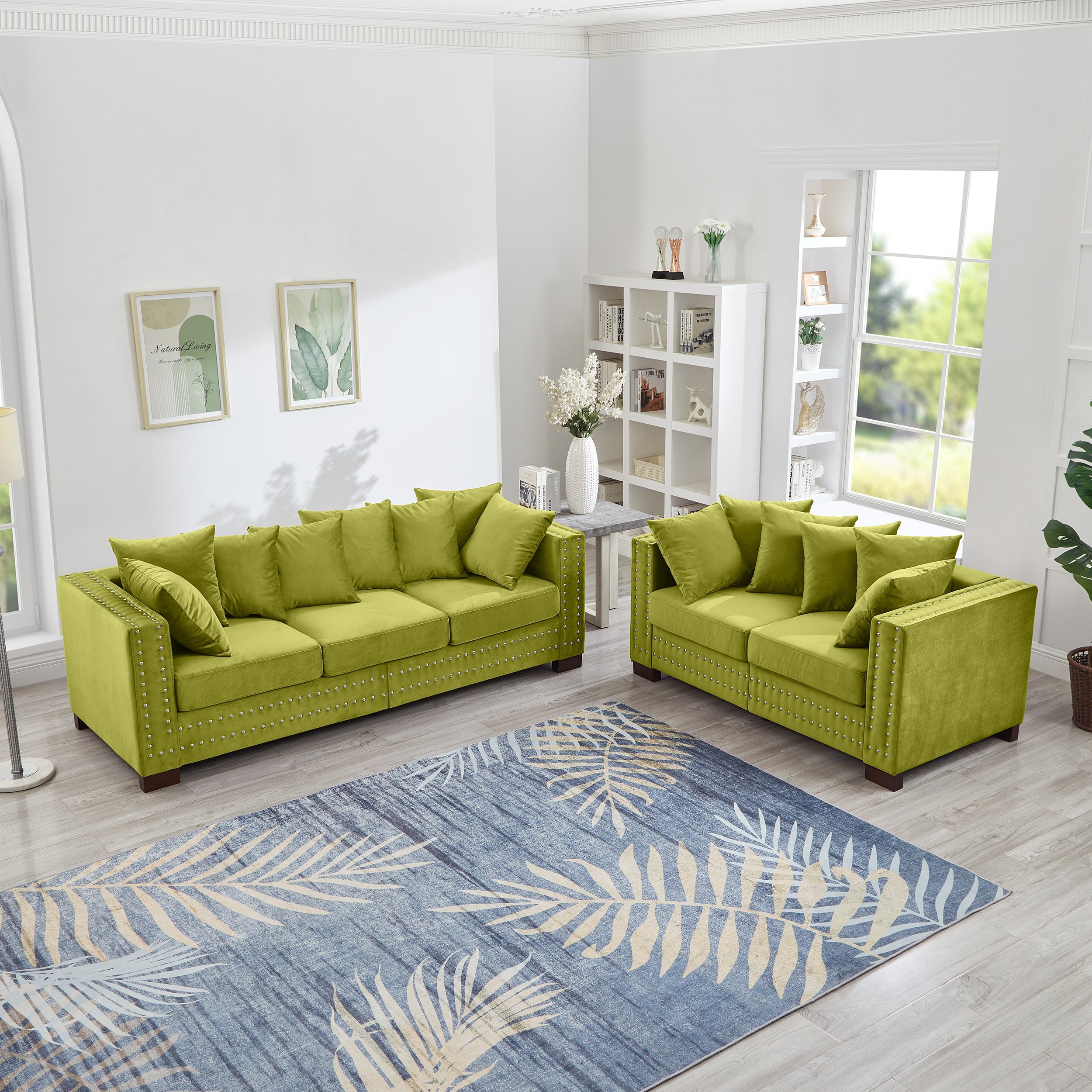 Modern Design Living Room Sofa 2+3 Seater Square armrest with Silver Nails Decoration Upholstered Velvet Couch Green