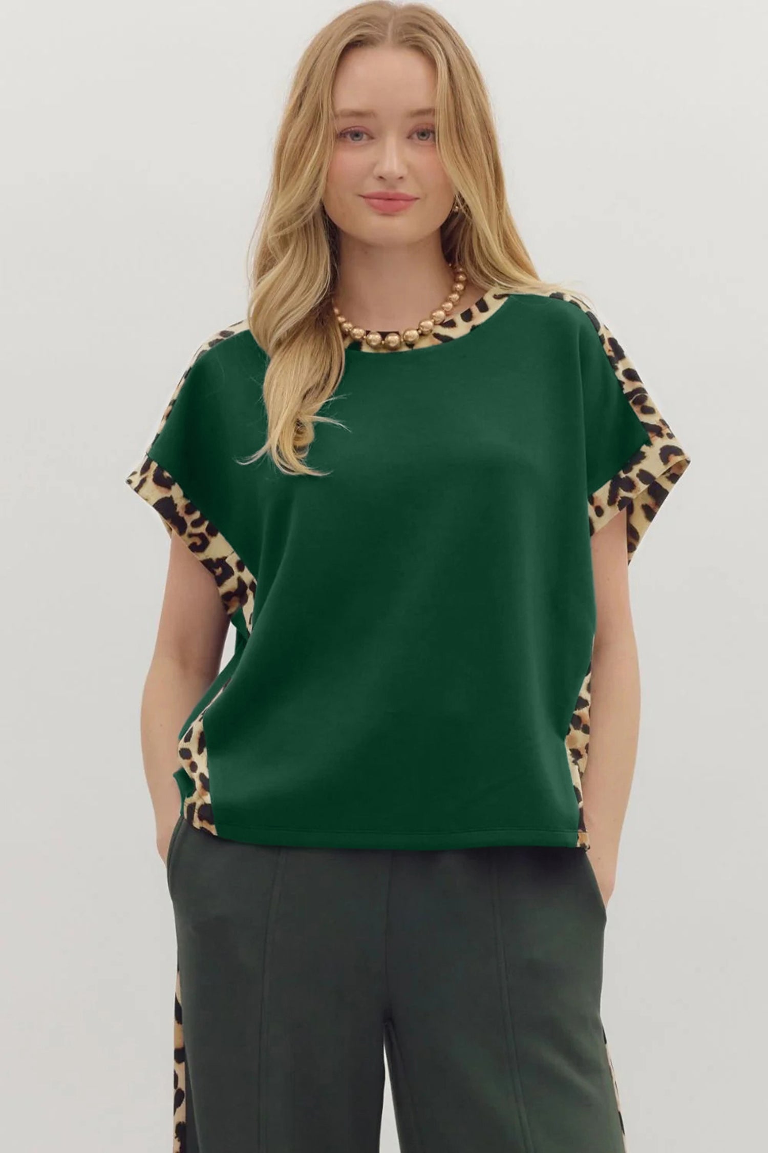 Leopard Trim Round Neck Loose T-Shirt