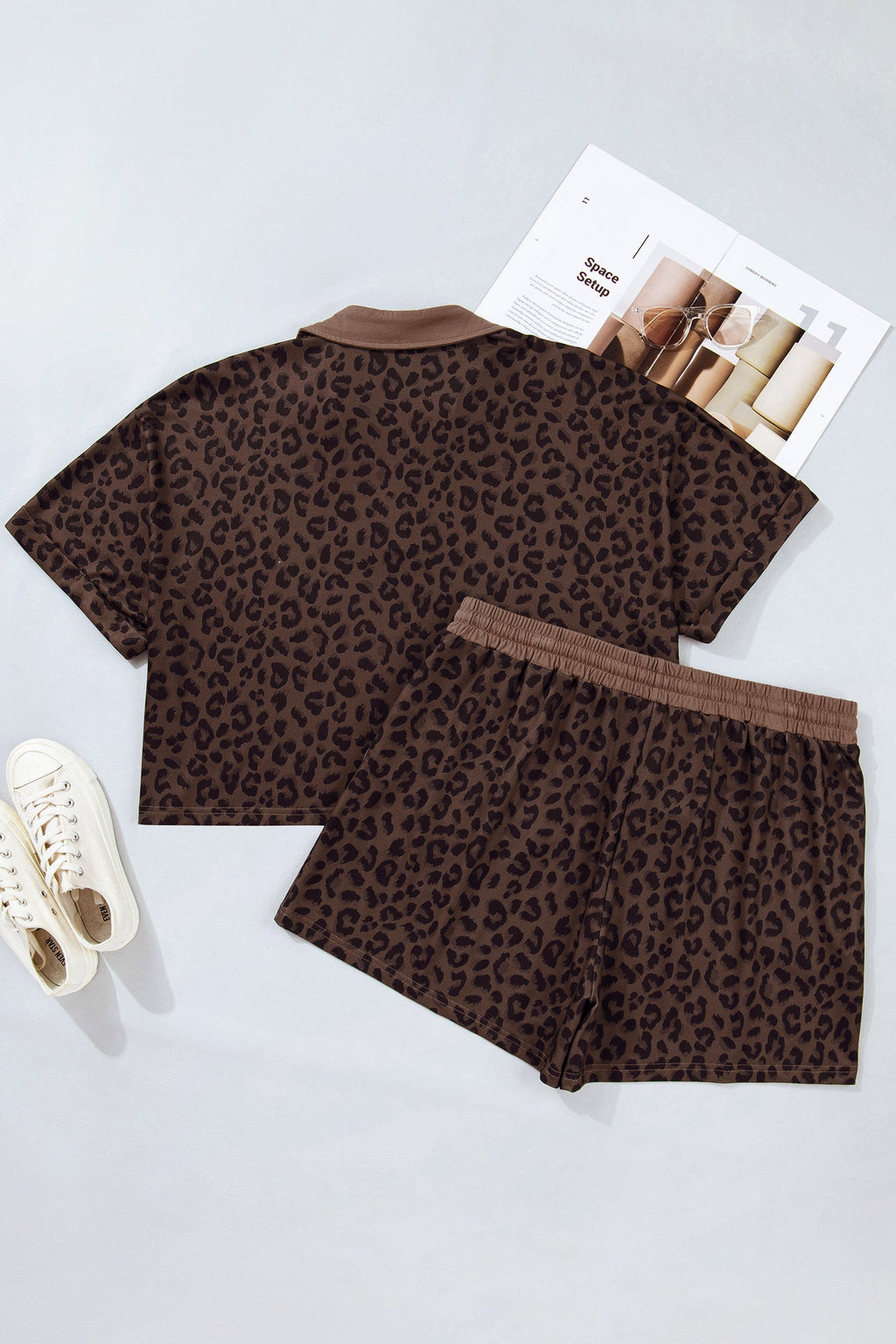 Plus Size Leopard Collared Top & Drawstring Shorts Set