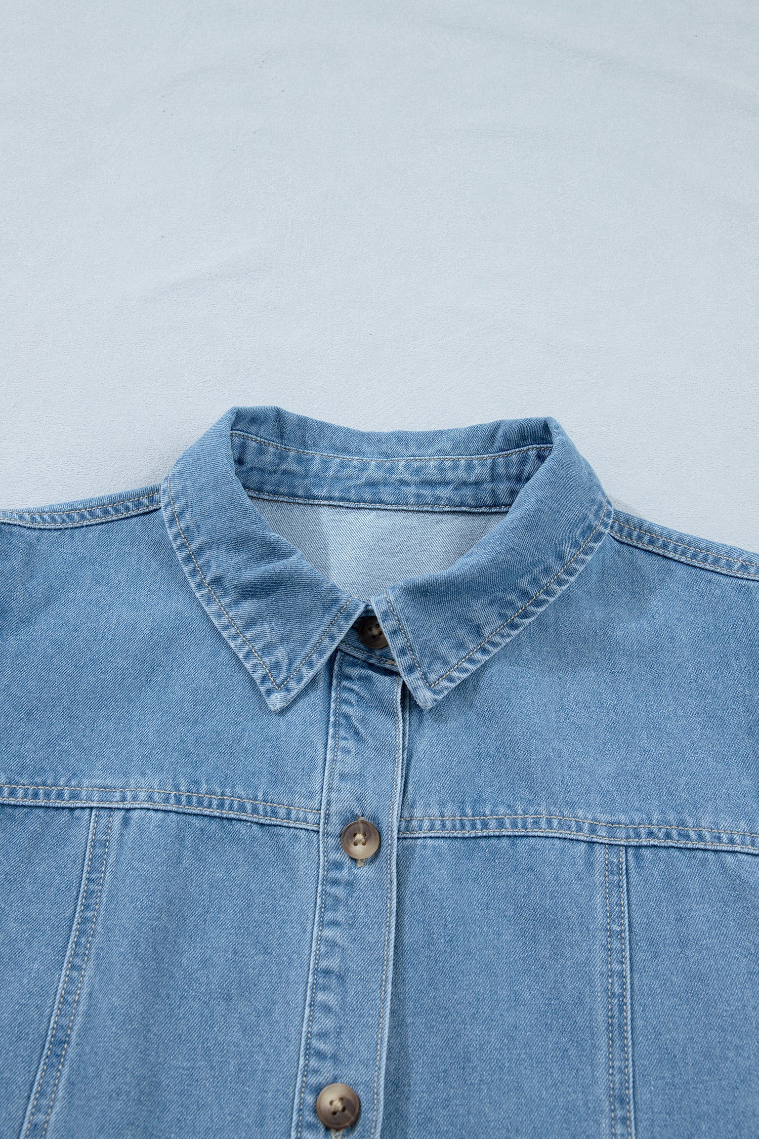 Denim Short Puff Sleeve Ruffle Hem Buttoned Dress