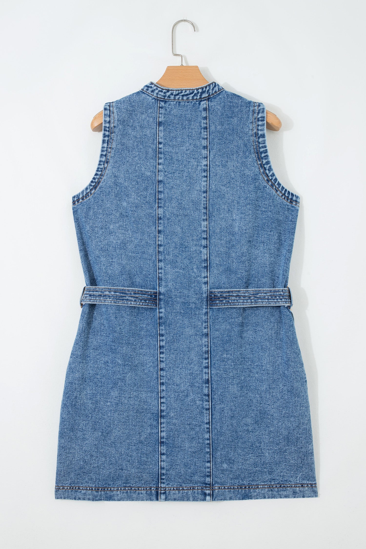 Western Denim Belted Button Down Sleeveless Dress