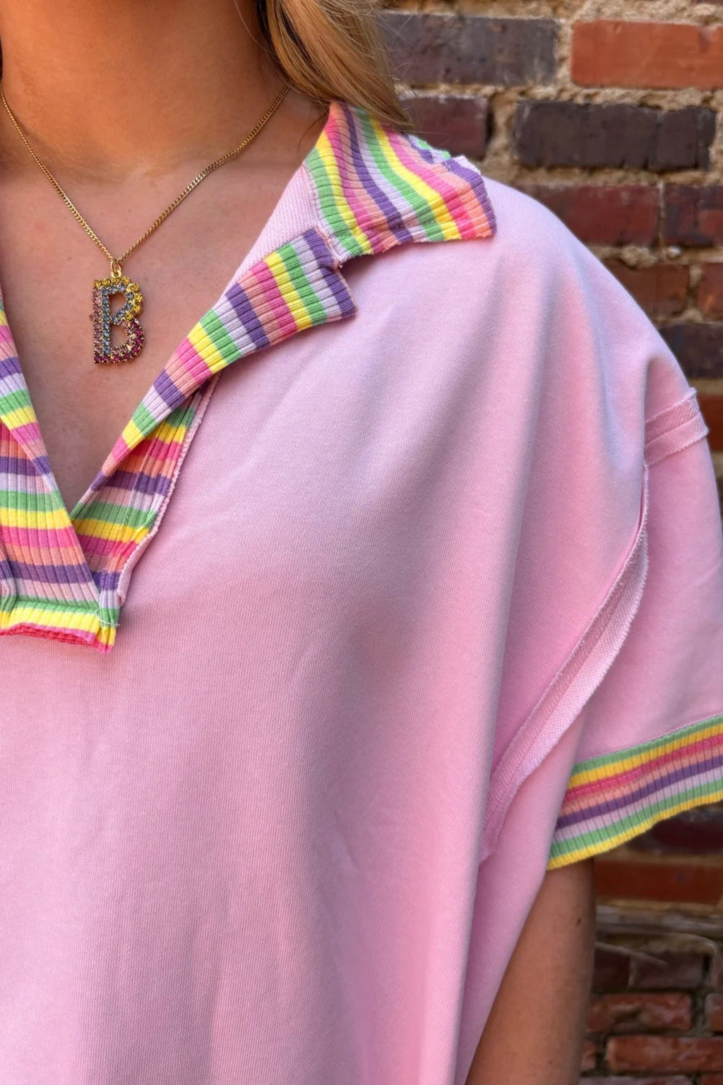 Rainbow Stripe Ribbed Patchwork Oversize Polo Tee